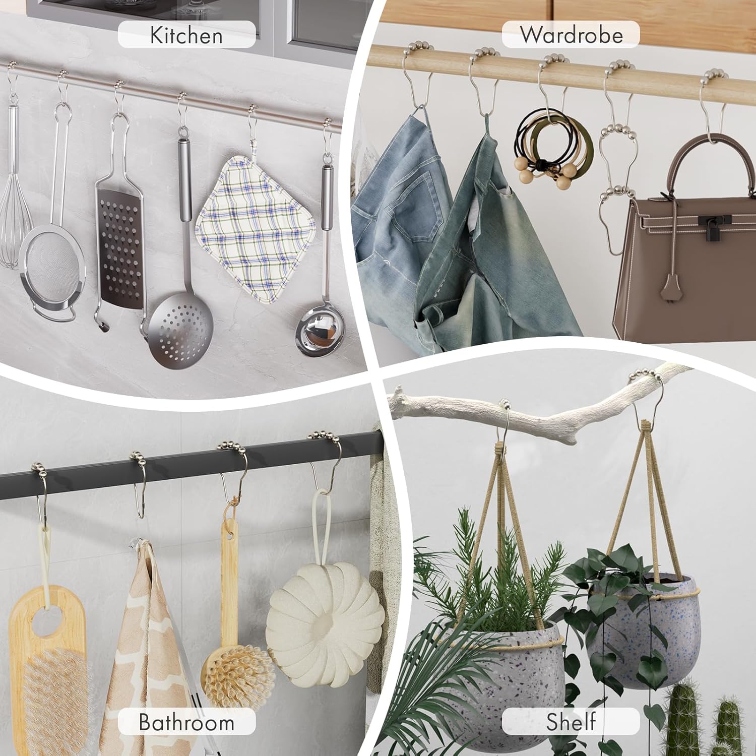 Rustproof Stainless Steel Shower Curtain Rings Hooks, Set of 12-Polished Nickel