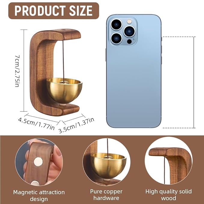 Beech Wooden Door Chime with Brass Bell, Dopamine Door Bell for Home, Self-Adhesive Magnetic Doorbell, Serene Acoustic for Home & Shop, Shopkeepers Door Chime, Ideal Housewarming Gift