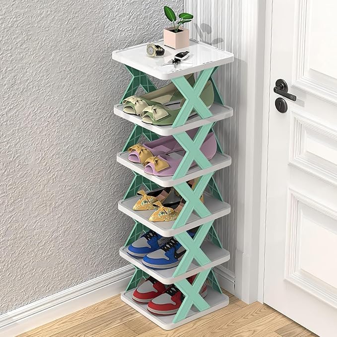 6-Layer Shoe Rack for Home – Stackable & Collapsible Plastic Shoe Organizer Stand | Adjustable Storage Shelf for Footwear, Books & Entryway Use – Multipurpose Space Saver (Corner Design)