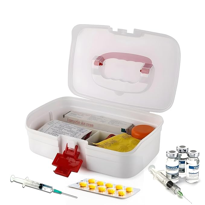 Medicine Box for Home 1 Pc – Portable First Aid Box with Handle, 3-Compartment Organizer for Home, Travel & Office – BPA-Free Plastic Medicine Cabinet with Detachable Tray & Secure Lock