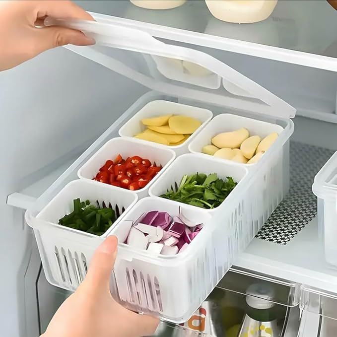 6 Compartments Container for Kitchen Storage Set -Multi Fridge Storage Boxes, Ideal fridge storage boxes for vegetables Durable Kitchen Containers Set for Organized Fridge Storage