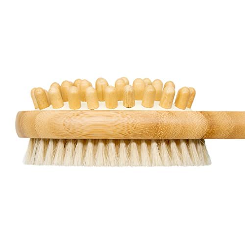 Wood Shower Body Bath Brush, Bath Back Cleaning Scrubber with Long Handle, Dry and Wet Skin Brush with Soft and Stiff Bristles Back Washer for Men Women (Yellow)