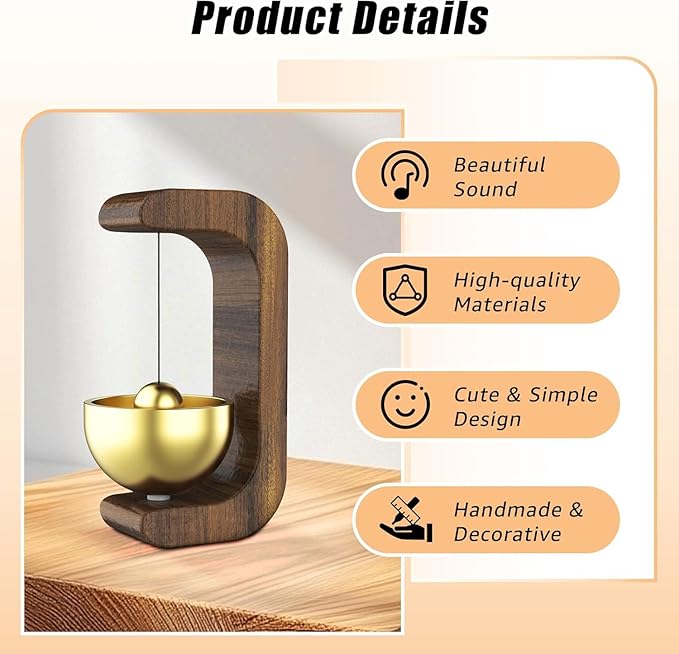 Beech Wooden Door Chime with Brass Bell, Dopamine Door Bell for Home, Self-Adhesive Magnetic Doorbell, Serene Acoustic for Home & Shop, Shopkeepers Door Chime, Ideal Housewarming Gift