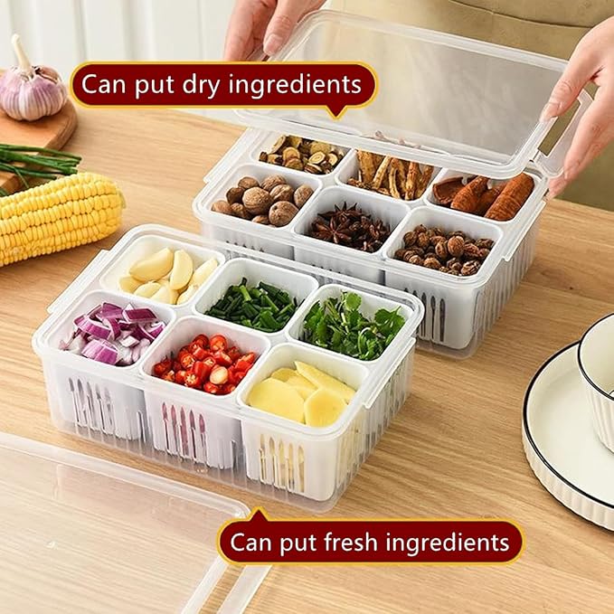 6 Compartments Container for Kitchen Storage Set -Multi Fridge Storage Boxes, Ideal fridge storage boxes for vegetables Durable Kitchen Containers Set for Organized Fridge Storage