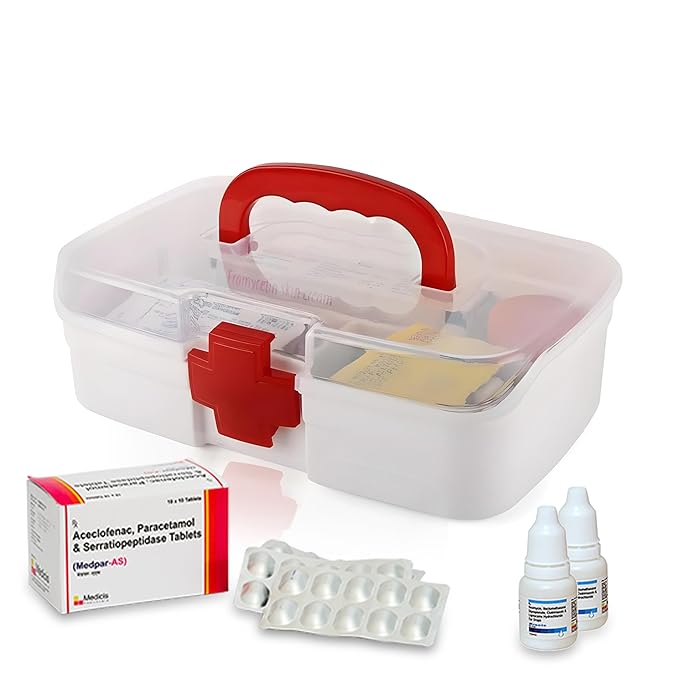 Medicine Box for Home 1 Pc – Portable First Aid Box with Handle, 3-Compartment Organizer for Home, Travel & Office – BPA-Free Plastic Medicine Cabinet with Detachable Tray & Secure Lock