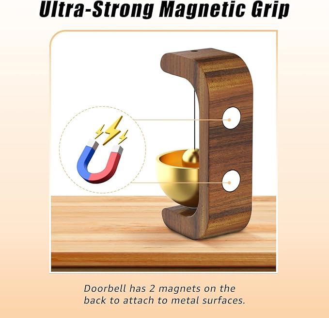 Beech Wooden Door Chime with Brass Bell, Dopamine Door Bell for Home, Self-Adhesive Magnetic Doorbell, Serene Acoustic for Home & Shop, Shopkeepers Door Chime, Ideal Housewarming Gift