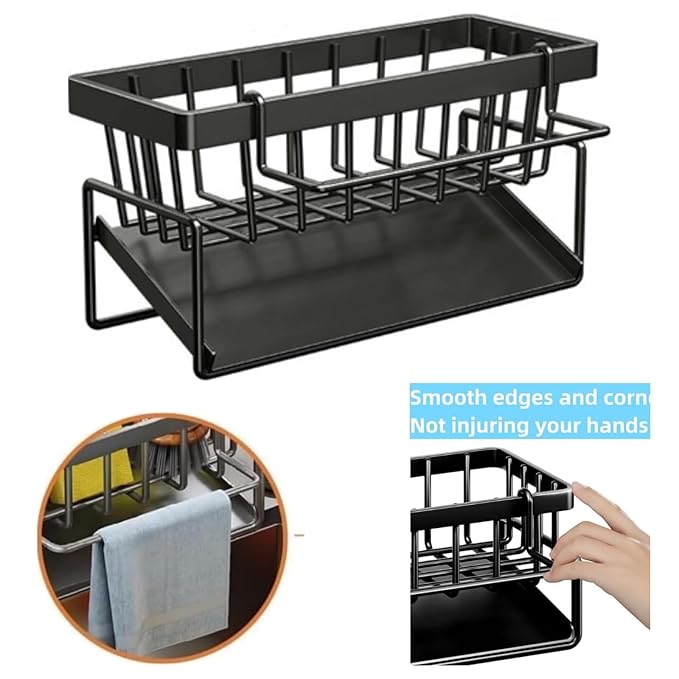 plastic Kitchen Rack Stand Sink Sponge Organizers Rack For Sinks Tools Storage Organizer Items Soap Dish Accessories Soap Brush Wash Holder Bathroom Rack Dispenser, Black