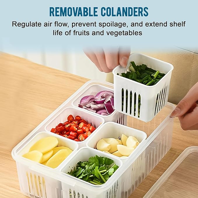 6 Compartments Container for Kitchen Storage Set -Multi Fridge Storage Boxes, Ideal fridge storage boxes for vegetables Durable Kitchen Containers Set for Organized Fridge Storage