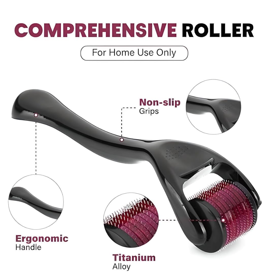 Derma Roller 0.5mm 540 Titanium Microneedles for Beard Growth I Hair Repair & Acne Scar Reduction I Men & Women (DERMA ROLLER BLACK-01)
