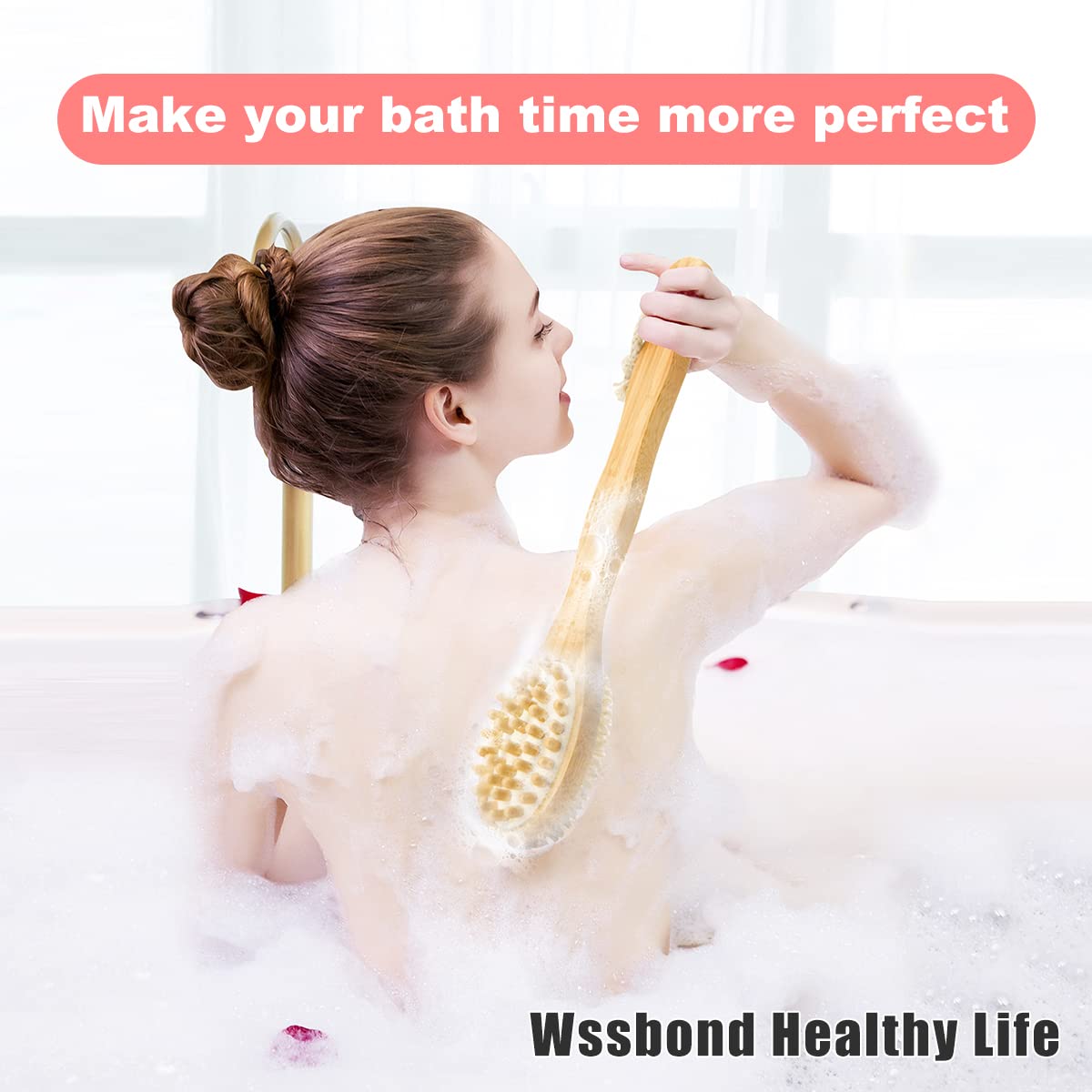 Wood Shower Body Bath Brush, Bath Back Cleaning Scrubber with Long Handle, Dry and Wet Skin Brush with Soft and Stiff Bristles Back Washer for Men Women (Yellow)