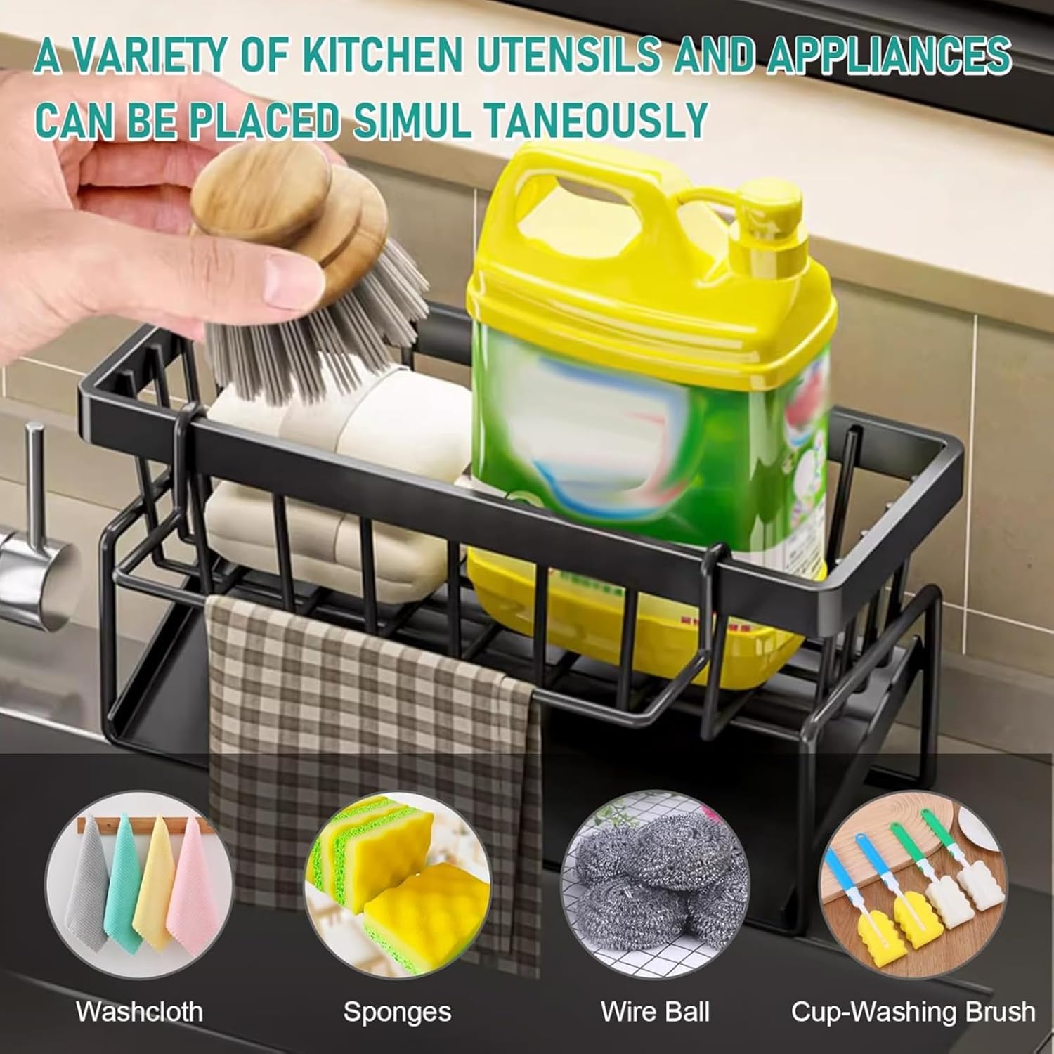 plastic Kitchen Rack Stand Sink Sponge Organizers Rack For Sinks Tools Storage Organizer Items Soap Dish Accessories Soap Brush Wash Holder Bathroom Rack Dispenser, Black