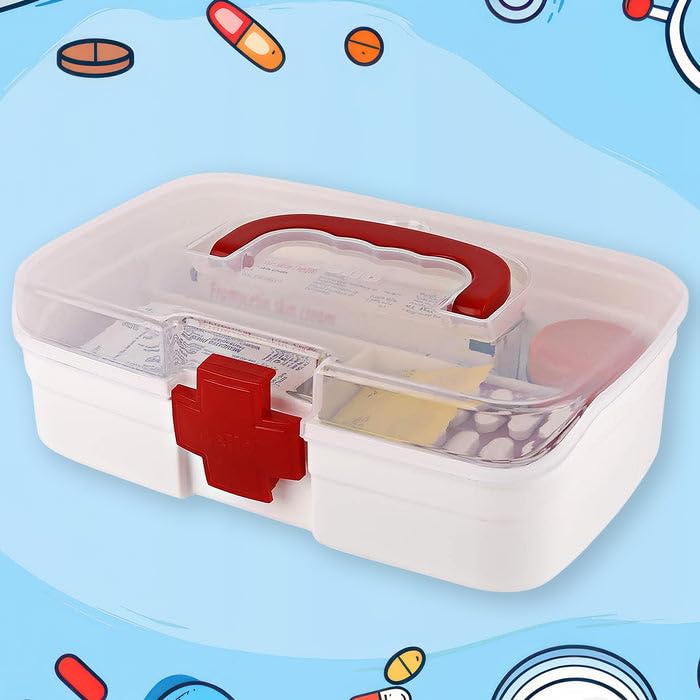 Medicine Box for Home 1 Pc – Portable First Aid Box with Handle, 3-Compartment Organizer for Home, Travel & Office – BPA-Free Plastic Medicine Cabinet with Detachable Tray & Secure Lock