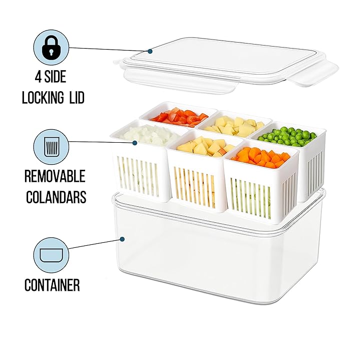 6 Compartments Container for Kitchen Storage Set -Multi Fridge Storage Boxes, Ideal fridge storage boxes for vegetables Durable Kitchen Containers Set for Organized Fridge Storage