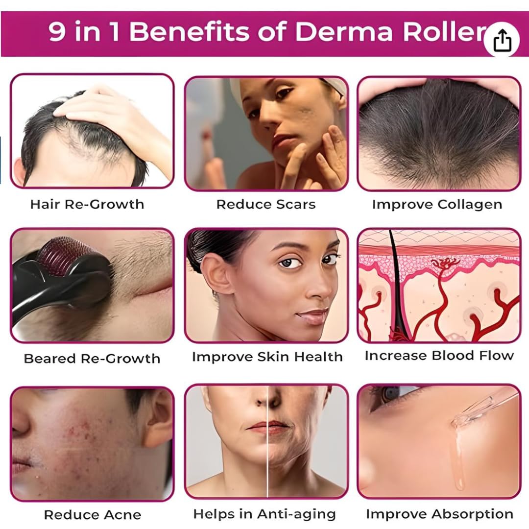 Derma Roller 0.5mm 540 Titanium Microneedles for Beard Growth I Hair Repair & Acne Scar Reduction I Men & Women (DERMA ROLLER BLACK-01)