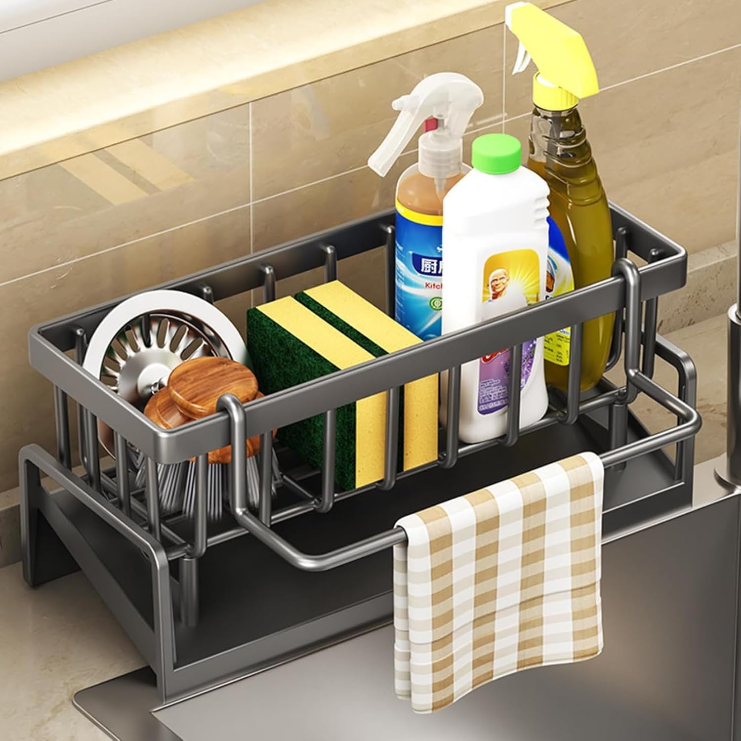 plastic Kitchen Rack Stand Sink Sponge Organizers Rack For Sinks Tools Storage Organizer Items Soap Dish Accessories Soap Brush Wash Holder Bathroom Rack Dispenser, Black