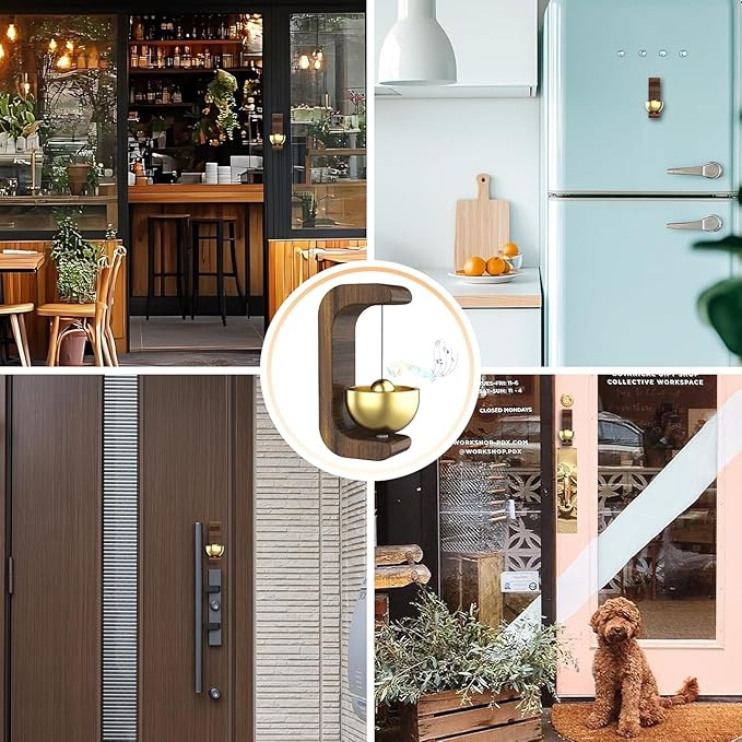 Beech Wooden Door Chime with Brass Bell, Dopamine Door Bell for Home, Self-Adhesive Magnetic Doorbell, Serene Acoustic for Home & Shop, Shopkeepers Door Chime, Ideal Housewarming Gift