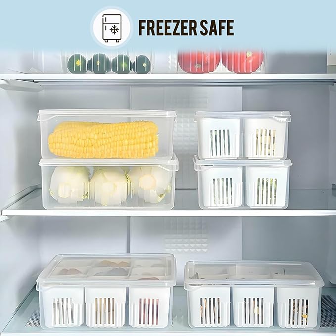 6 Compartments Container for Kitchen Storage Set -Multi Fridge Storage Boxes, Ideal fridge storage boxes for vegetables Durable Kitchen Containers Set for Organized Fridge Storage