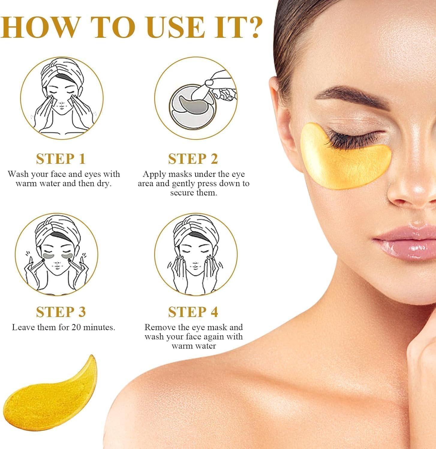 Under Eye Patches - 60 Pcs - 24K Gold Eyes Mask- Puffy Eye & Dark Circles Treatments,Reduce Under Eye Bags and Smooth Wrinkles, Skin Care Pads | Hydrogel Patch Mask Eyes Treatment for Dryness Relief.