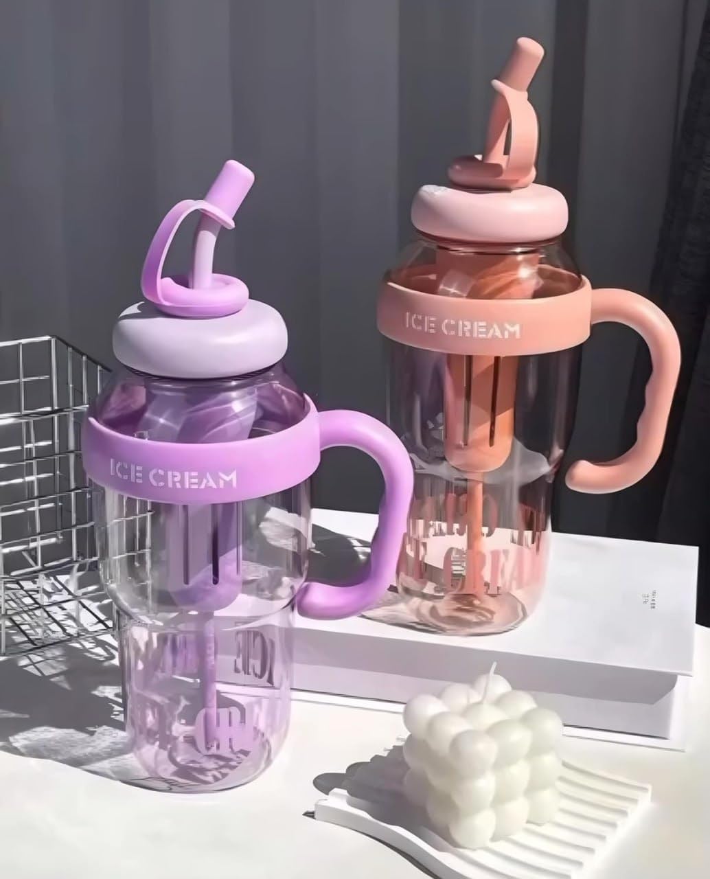 Colorful Ice Bottle with Straw 1300ml, BPA-Free, Heat-Resistant, Large Capacity Detox Water Bottle with Handle for Kids, Adults, Gym, Outdoor & Travel(Multi-Color)